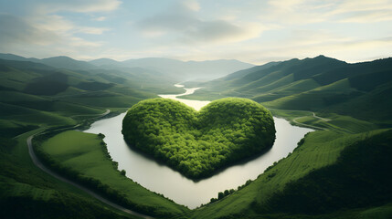 A heart shaped tree among green hills