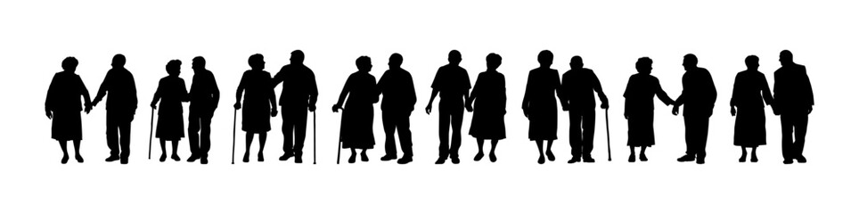 Vector illustration. Silhouette on a white background. Set of pensioners. Many people. A couple of men and women.