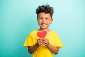 Portrait of lovely small boy with curly hairstyle wear stylish t-shirt fingers hold red paper heart...