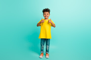 Full length photo of satisfied cute small boy with brown hair wear stylish t-shirt showing thumbs up isolated on teal color background