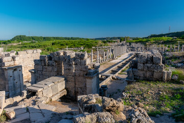 Aqueduct in the ancient city of Perge. Ruins of the city of Perge in Turkey.