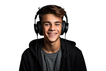 isolated png portrait of smiling teenager wearing headphone listening to music