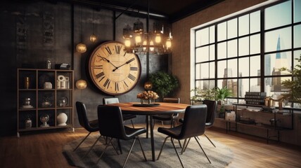 Interior design inspiration of Industrial Mid-century Modern style home dining room loveliness decorated with Metal and Leather material and Edison Bulb Chandelier .Generative AI home interior design