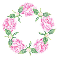 Watercolor wreath with pink peonys hand-drawn in botanical style for use in presentation, wedding, holiday and nature design invitation, logo. Flowers