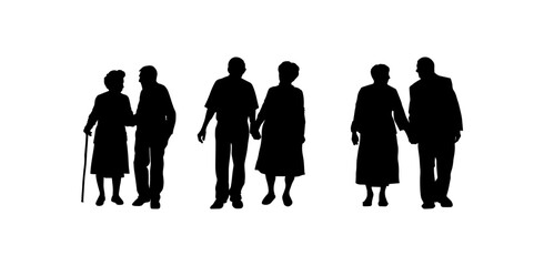 Vector illustration. Silhouette on a white background. Set of pensioners. Many people. A couple of men and women.