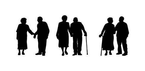 Vector illustration. Silhouette on a white background. Set of pensioners. Many people. A couple of men and women.