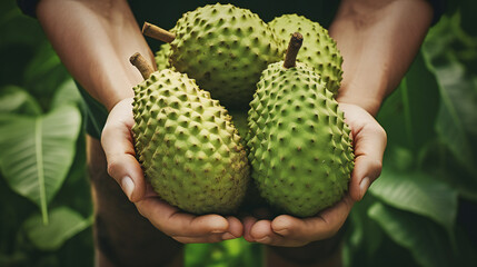 Close-up partial view of a farmer holding organic soursop. Generative AI.