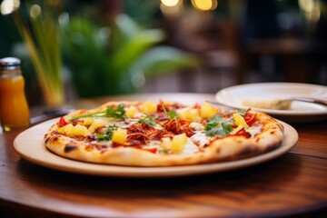 delicious hawaiian pizza on a table rady to eat - obrazy, fototapety, plakaty