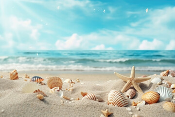 Fototapeta na wymiar Sandy beach with collections of seashells and starfish as natural textured background. Generative AI
