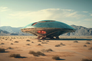 Alien ufo flying saucer. Spaceship flying over a desert. AI generated