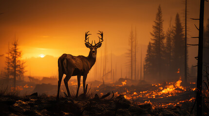 Fototapeta premium Deer on background Burnt forest, forest fire, climate change concept. Danger of forest fires for wild animals. 