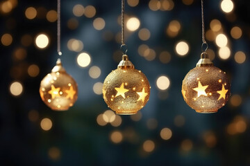 Glass christmas decorations hanging from a christmas at night. Bokeh background. Night time, stars,...