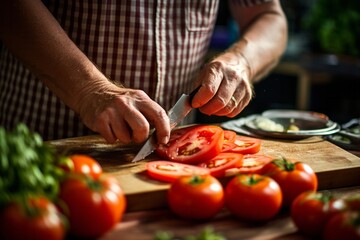  a pair of hands cutting fresh tomatoes on a kitchen table