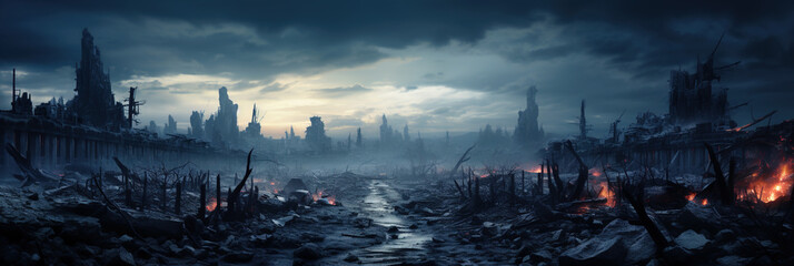 Post apocalypse after World war, apocalyptic destroyed city, banner - obrazy, fototapety, plakaty
