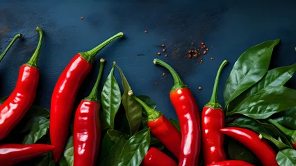 Papier Peint photo Piments forts red hot chili pepper top view on a dark background with copy space on top