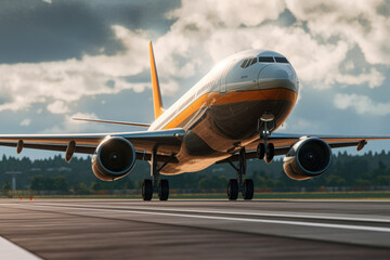 View of the plane taking off, the concept of air travel, vacation. Generative AI.