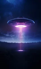 Foto op Canvas Alien spaceship flying over the forest © ni