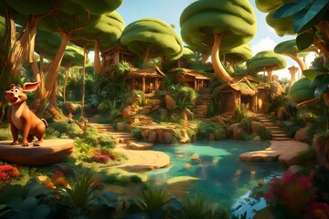  3D rendering of Timon and Pumbaa's oasis paradise. Depict lush greenery, vibrant colors, and the carefree spirit of 