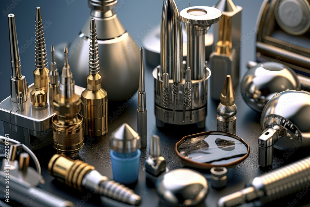 Poster different tools and micro tools on the table. the concept of work, the use of precision tools. gener