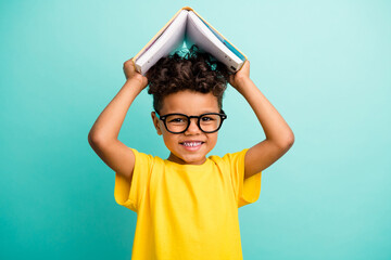 Portrait of adorable small boy with brown hair wear stylish t-shirt in glasses hold book over head...