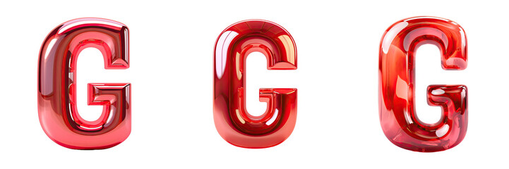 Isolated transparent background with shiny red glass letter G and rustic type font