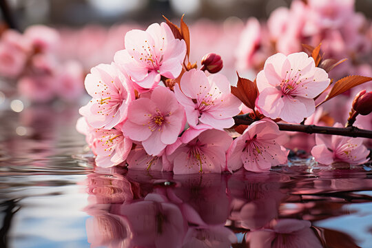 The image depicts Japanese cherry blossom trees in full bloom, creating a stunning display of delicate pink flowers. Generative AI.