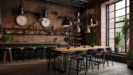 Fototapeta na wymiar Interior design inspiration of Industrial Rustic style home dining room loveliness decorated with Metal and Wood material and Exposed brick wall .Generative AI home interior design .
