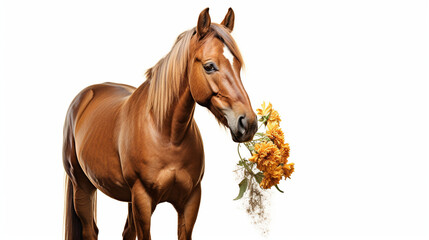 Horse with a flower isolated on white background