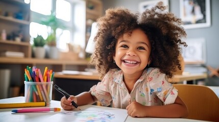 Colorful childhood, young African-American girl draws passionately at home with colored pencils.