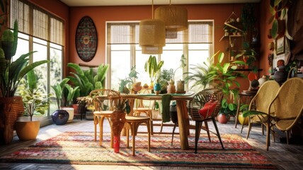 Interior design inspiration of Bohemian Eclectic style home dining room loveliness decorated with Rattan and Macrame material and Rug .Generative AI home interior design .