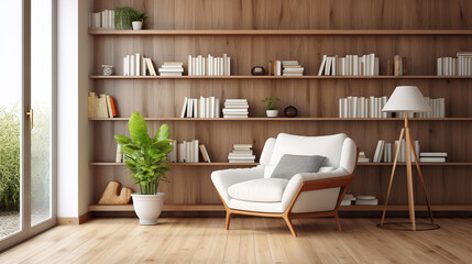 Fototapeta na wymiar Interior of a large modern living room or home library with white and wooden walls, wooden floor, comfortable armchair and bookcase