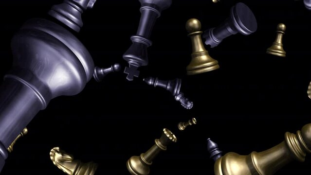 Chess Pieces - Flying Loop - Gold and Silver - Realistic 3D animation loop isolated with alpha channel on transparent background