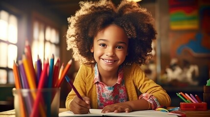 Colorful childhood, young African-American girl draws passionately at home with colored pencils.