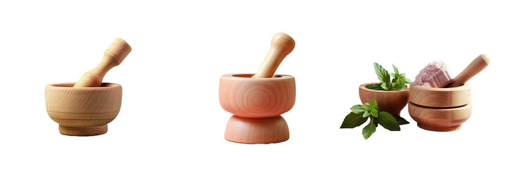 Wooden mortar and pestle on a transparent background - obrazy, fototapety, plakaty