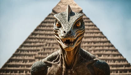 Foto op Plexiglas closeup of reptoid humanoid with lizard eyes sharp teeths looking at viewer with ancient pyramid in background, generative AI © Jenar