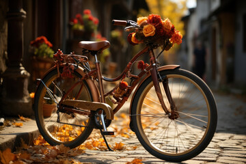 Fototapeta na wymiar A vintage bicycle adorned with a basket of sunflowers and pumpkins embodies the nostalgic charm of autumn. Concept of Retro Ride. Generative Ai.