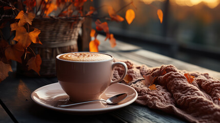 Autumn, a table in a cozy cafe on the lake, a cup of coffee on the table. AI generated