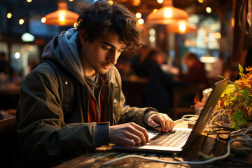 A traveler works on a presentation at a cozy cafe before heading out to explore the city's cultural sites. Illustrating the concept of combining work and leisure. Generative Ai.