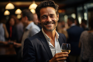A businessman enjoys a wine tasting experience after attending a seminar, highlighting the fusion of professional growth and personal enjoyment. Generative Ai.