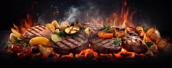 vegetable and steak meat on grill. with flames behind.