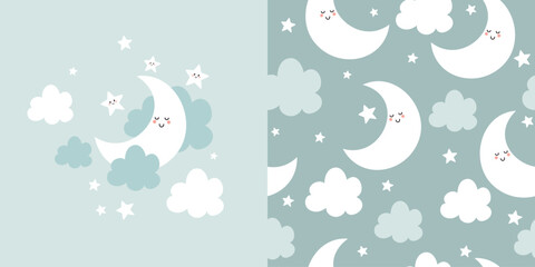 Cute sleeping moon card and seamless pattern. Background for kids with moon, stars and clouds. Vector illustration. It can be used for wallpapers, wrapping, cards, patterns for clothes and other.
