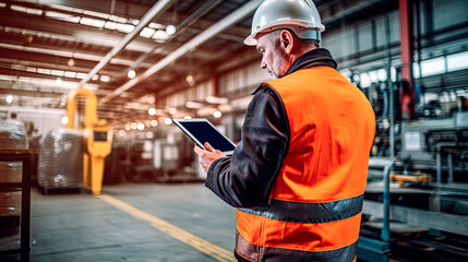A man in a modern factory with a tablet in his hands.	
