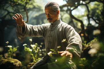 Naklejka na ściany i meble A person practices tai chi in a peaceful garden, harnessing the energy of nature to restore balance and inner peace. Generative Ai.