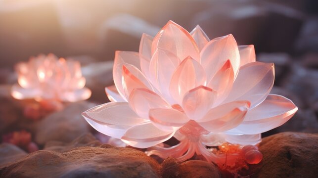 Imagined translucent pale pink crystal rose quartz cluster with vitreous luster, unreal beauty and precious mineral splendor - generative AI