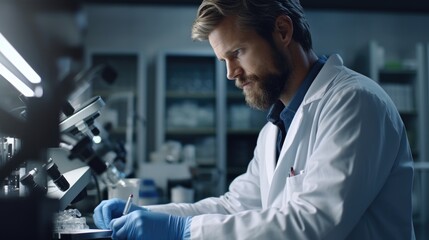 Naklejka na ściany i meble A laboratory worker examining under a microscope
