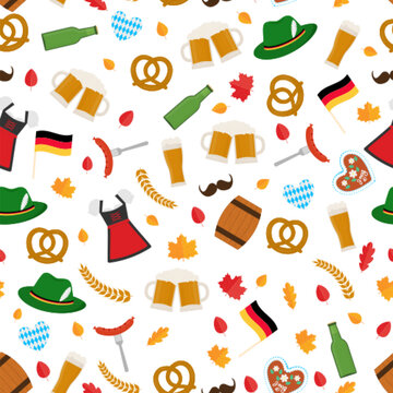 Oktoberfest seamless pattern. German beer festival background Vector template for fabric, textile, wallpaper, wrapping paper, etc.