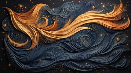 AI-generated abstract illustration of a graceful, mysterious gold breeze in a deep blue sky. MidJourney.