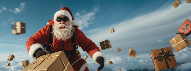 Santa Claus in action, black sunglasses, in a snowy desert, carrying a surprise gift box, a fall of Christmas presents, creative Christmas banner, AI © THINGDSGN