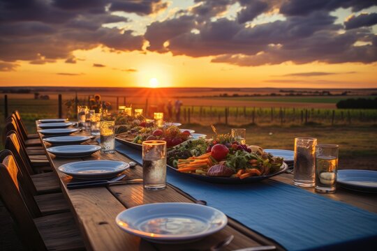 Rustic Prosperity Spread. sunset. Sunrise. Prosperous farm concept. rustic wood table.