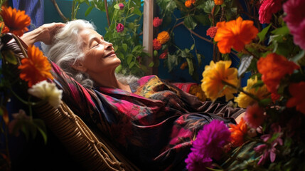 Grey-haired elderly woman with closed eyes. Relaxed senior lady lying in chair and taking a nap, sleeping at summer garden. Old age, retirement and people concept..
